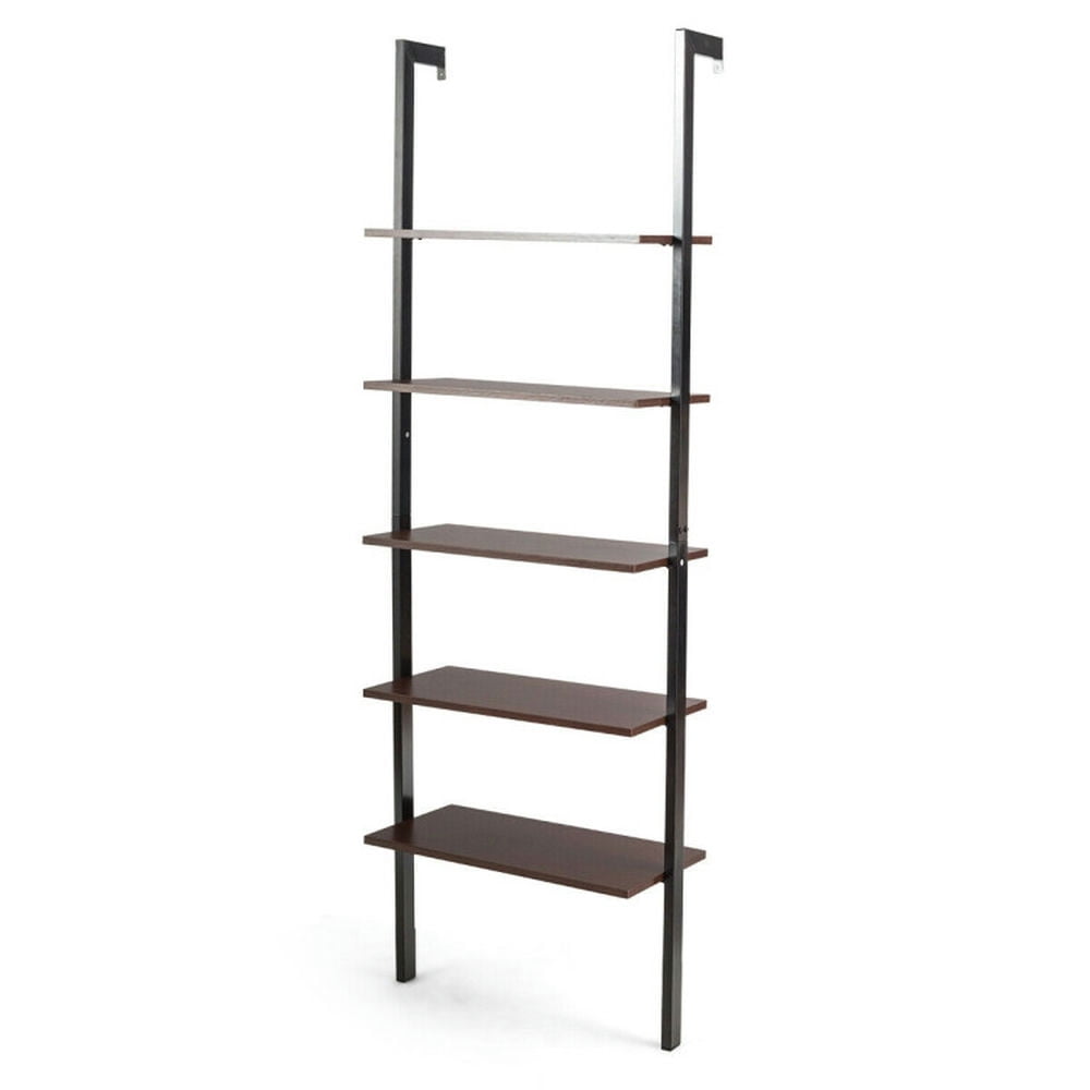 Demi Bonn 5-Tier Wood Look Ladder Shelf with Metal Frame for Home, Multipurpose Open Bookshelf, Brown