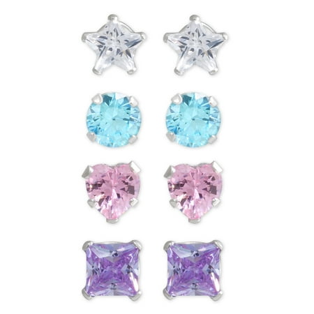 Sterling Silver Pink, Clear and Blue CZ Stud Earring 4 Pair Set