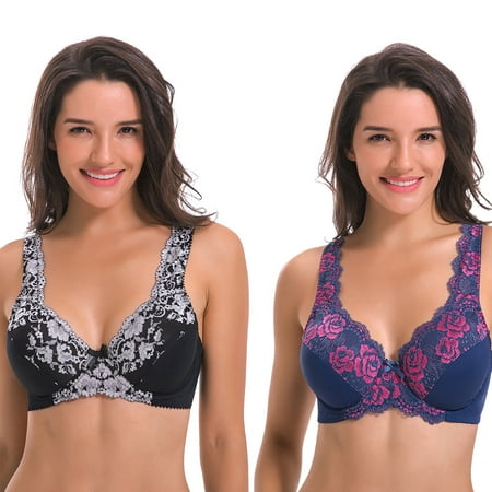 

Curve Muse Women s Minimizer Unlined Underwire Bra With Lace Embroidery-2 pack-blue-silver-34C