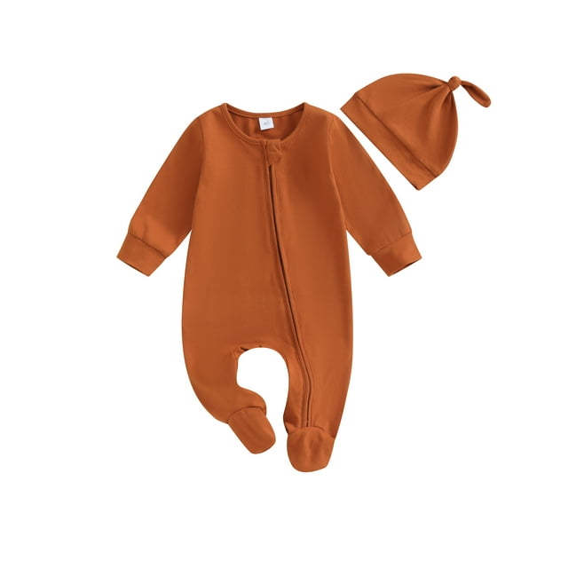 xiaxaixu Baby Girls Boys Footies Rompers Infant Clothes Solid Color Crew Neck Long Sleeve Zipper Fall Bodysuits with Hat