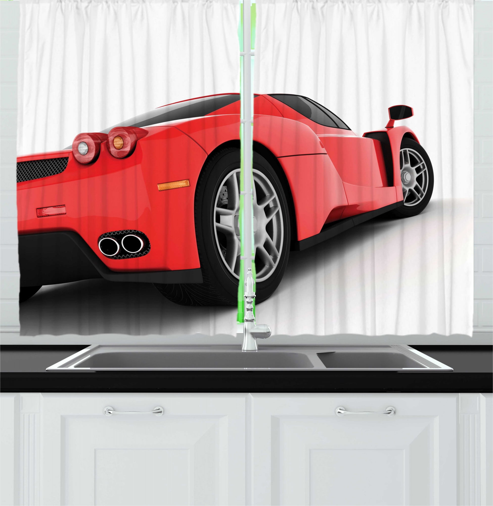 Manly Kitchen Curtains, Red Super Sports Car Lifestyle Automobile