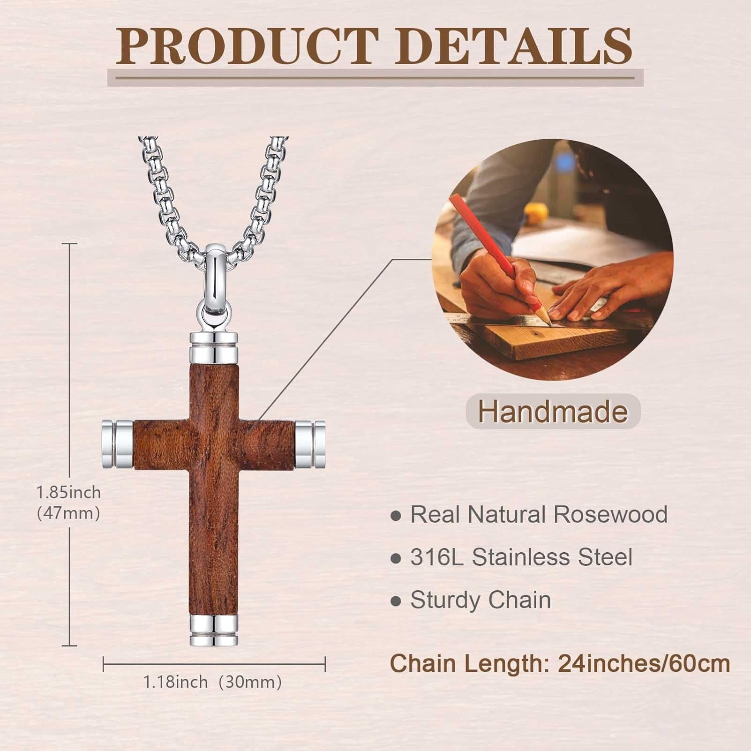 Wollet Wooden Cross Necklace Pendant for Men- Stainless Steel Chain, Mens Wood Jewelry Christian Baptism Crucifix Pendant