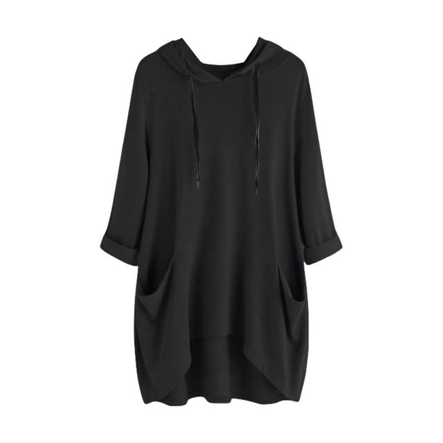 hotojiny Plus Size Spring Clothes for Women Soft High-Low Long Sleeve Rolled Sweatshirt Oversized Lightweight Hooded Drawstring Pullover