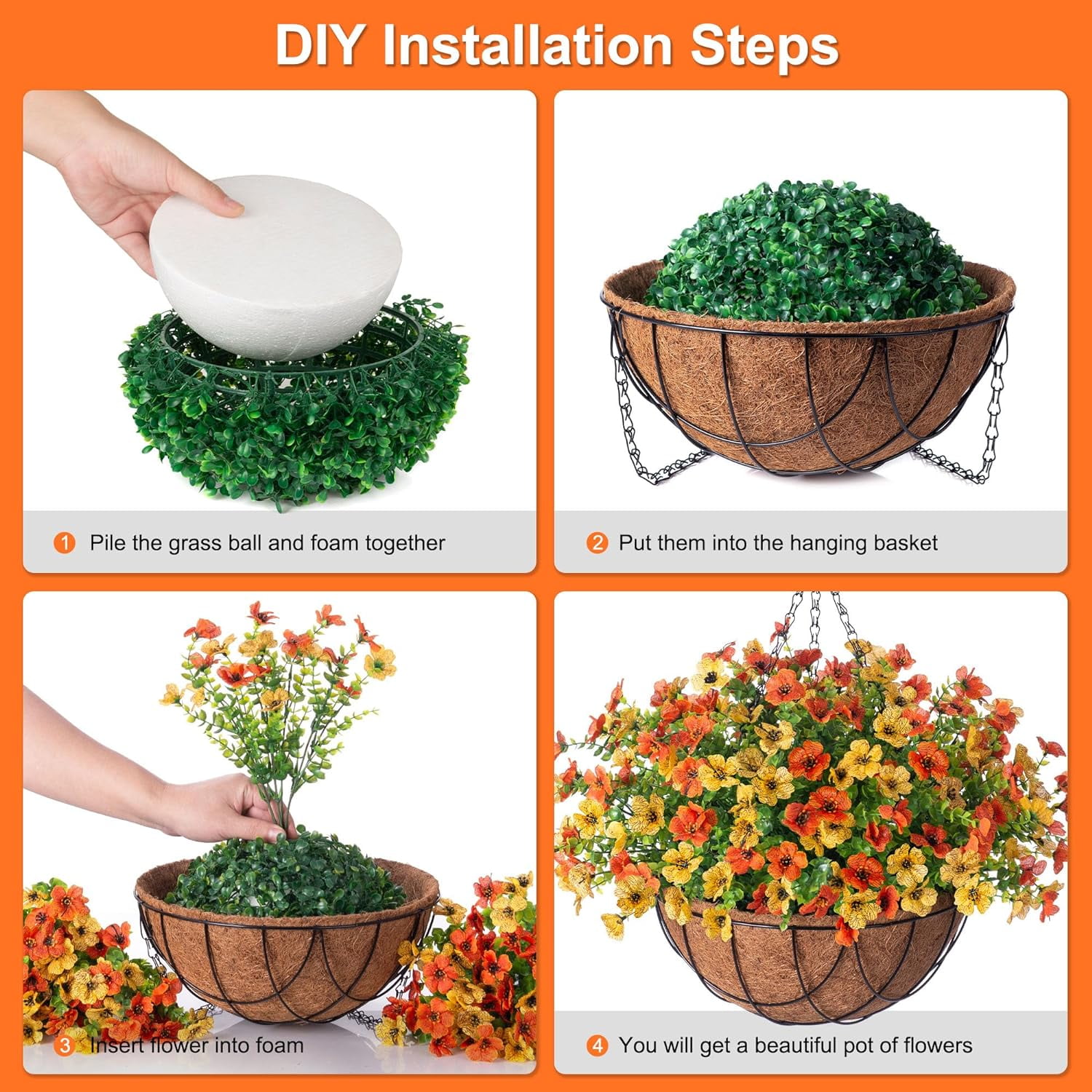 Artificial Flowers in Basket,Artificial Hanging Baskets with Flowers for Outdoors Indoors Courtyard Decor,Coconut Lining Basket for Patio Garden Porch Deck Decoration