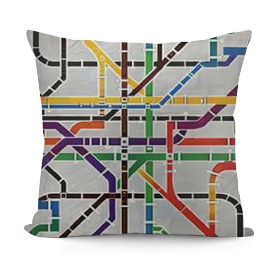 Map Throw Pillow Cushion Cover, Stripes in Vibrant Colors Metro Scheme Subway Stations Abstract Railroad Transportation, Decorative Square Accent Pillow Case, Red Green