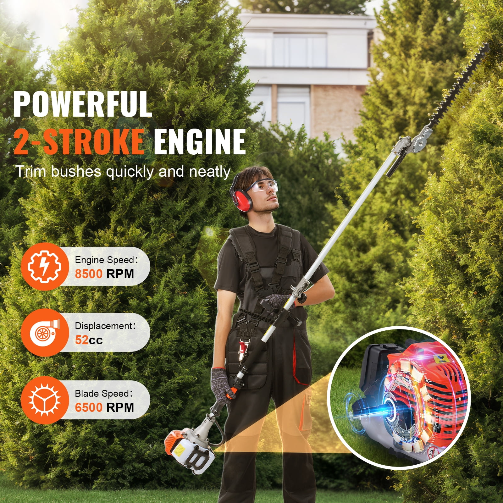 KFFKFF 52CC 6-in-1 Gas-Powered Multi-Tool for Landscaping, Hedge Trimmer, Weed Cutter, String Trimmer, Brush Cutter, Edger, and Pole Saw with Extension Pole