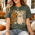 thumbnail image 5 of Floral Ghost Halloween T-Shirt, Retro Daisy Checker Graphic Tee, Comfort Colors Spooky Season Fall Apparel Gift for Women - Moss, 3XL, 5 of 5