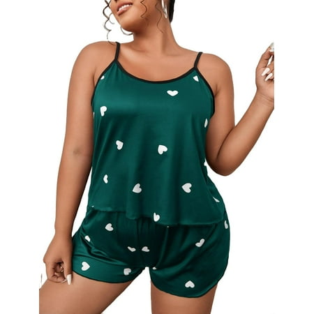 

Womens Plus Pajamas Sets Heart Print Short Sets Sleepwear PJ Set Green 4XL