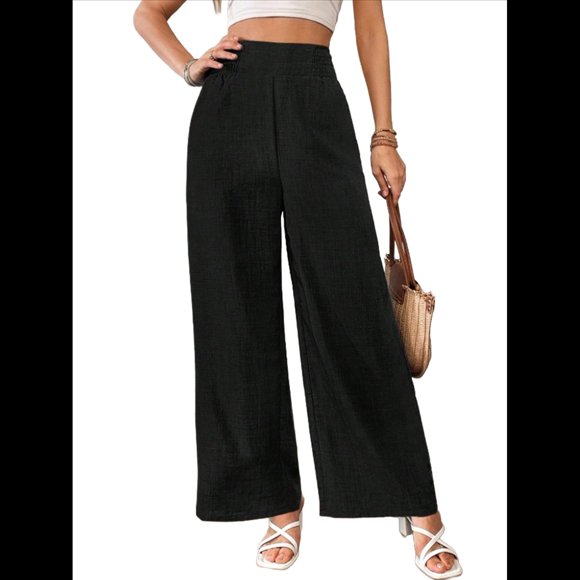 Pantalones de Mujer con Cintura Elástica Fruncida, Pierna Recta, Tiro Alto y Largos. Negro XL