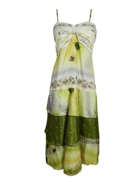 Mogul Womens Silk Sari Dress Sexy Spaghetti Strap Vintage Printed Dress S/M