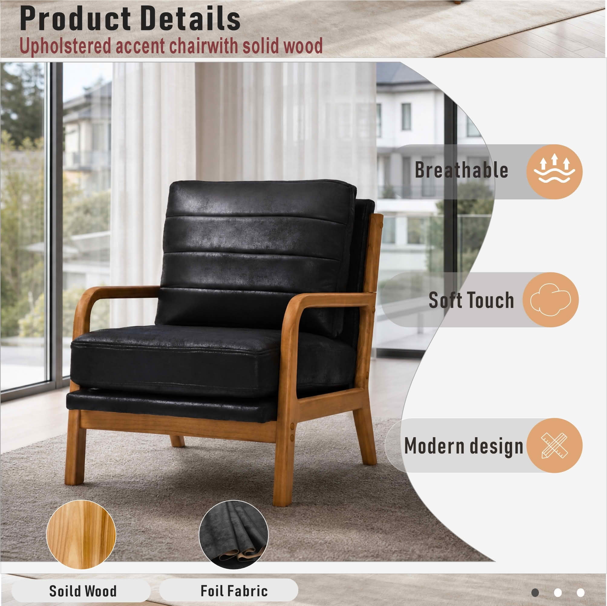 MAYEERTY 26 In Solid Wood Armchair, Curved Armrests, Foil Fabric, Memory Foam, Black, 300 lb