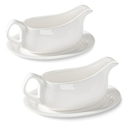 Dizada 19oz Gravy Boat with Saucer Stand, Large Gravy Bowl for Turkey,Ceramic White, Set of 2