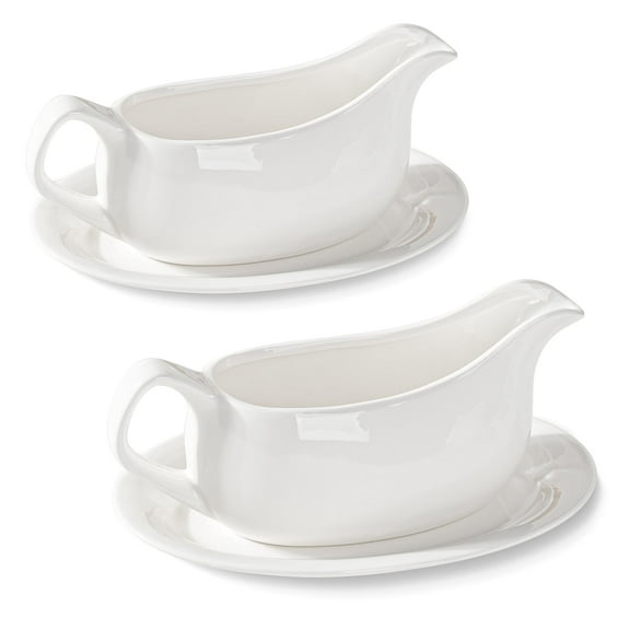 Dizada 19oz Gravy Boat with Saucer Stand, Large Gravy Bowl for Turkey,Ceramic White, Set of 2