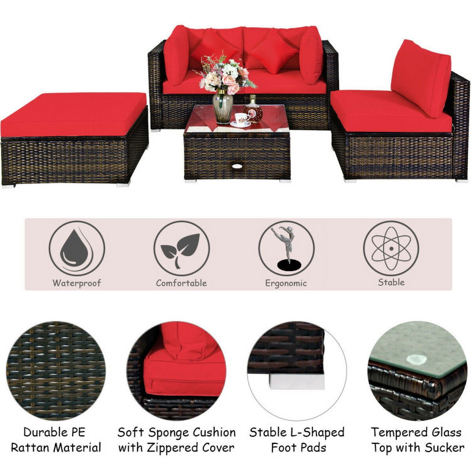 Aimee Lii 5 Pcs Outdoor Patio Rattan Furniture Set Sectional Conversation with Cushions, Outdoor Patio Set, Red Aimee Lii 5 Pcs Outdoor Patio Rattan Furniture Set Sectional Conversation with Cushions, Outdoor Patio Set, Red