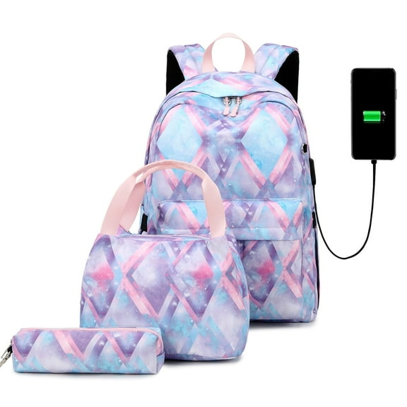 Forestfish Rhombus Print Backpack Set with Lunch Bag, Purple