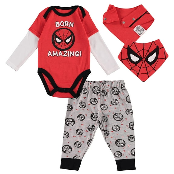 Spiderman Baby Boys Clothes 3-Piece Set with Baby Bodysuit, Pants, and Bib - Marvel Avengers Baby Boy Outfit - Baby Clothes Red/Black/Grey, 3-6 Months