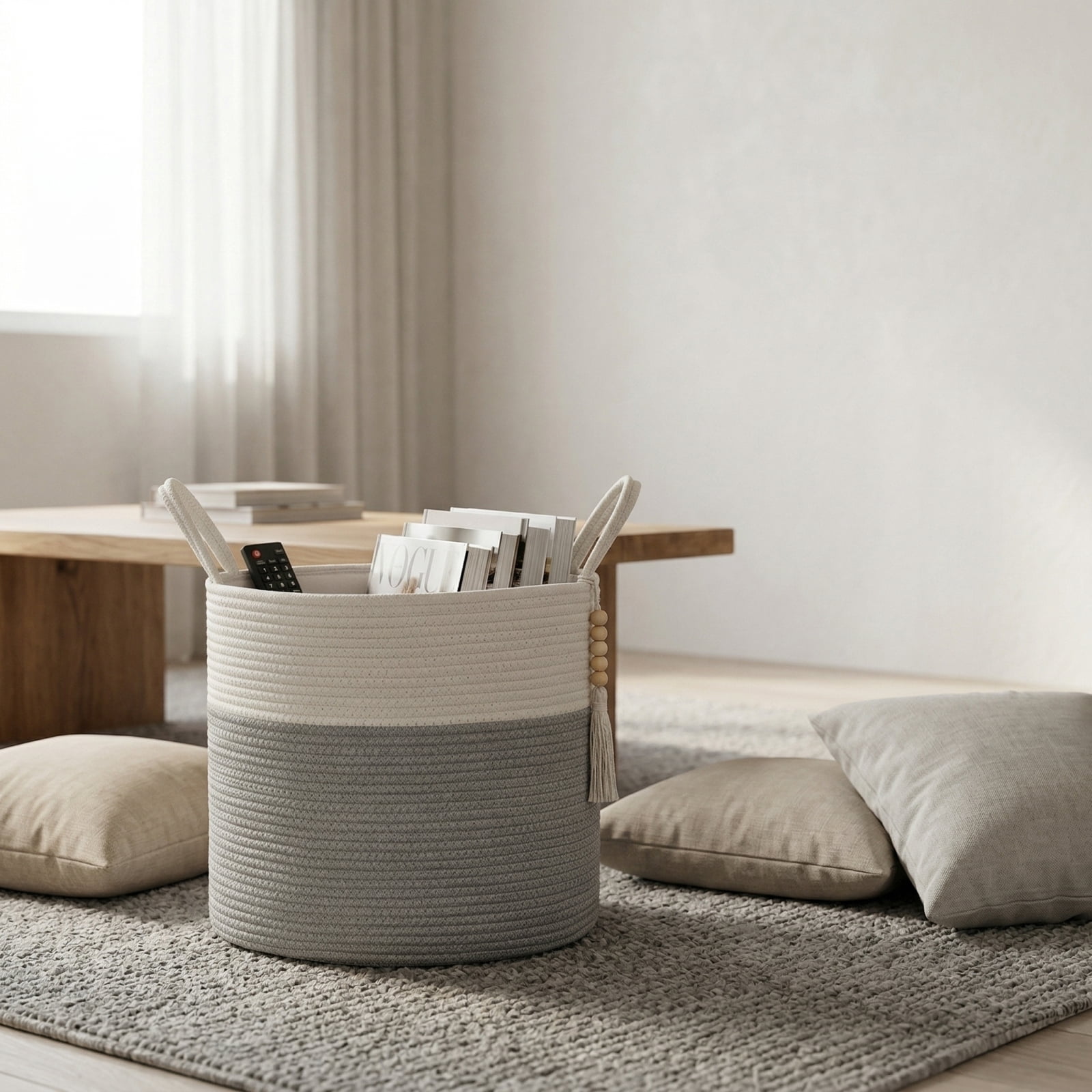 Cotton Rope Woven Laundry Basket, Dirty Clothes Storage Hamper, Decorative Straw Weaving Organizer Bin, Household Storage for Living Room and Bedroom