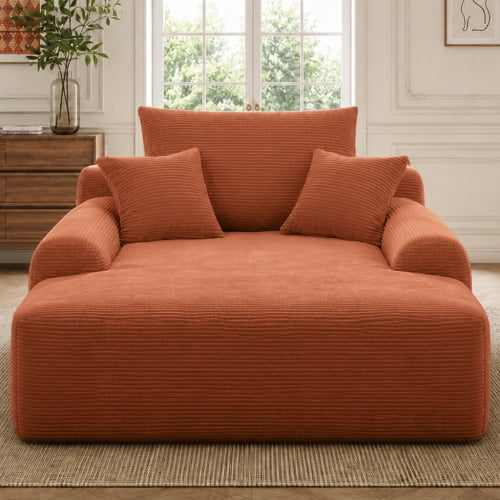 Howcool 65" Oversized Chaise Lounge Chair, Corduroy Boneless Sleeper Sofa Bed with Wide Armrest & Throw Pillows, Deep Seat Lounge Chair for Living Room, Bedroom & Apartment,Orange