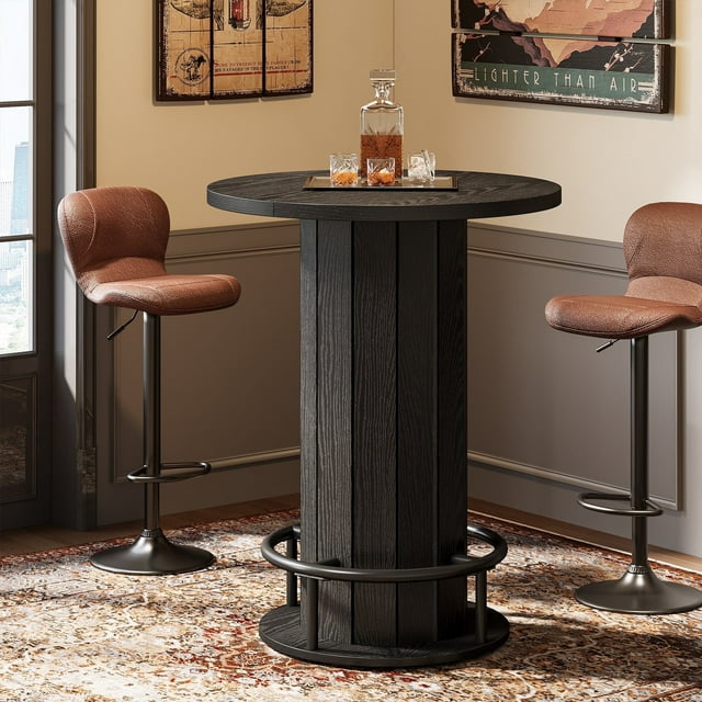 Fnova 39.4" Round Dining Table, Small Circle Kitchen Table with Wood Strip Base and Metal Footrest for Dining Room, Kitchen, Bar, Easy to Assemble