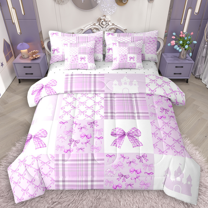 Manfei Purple Bow Knot Bedding Comforter Set 7 Pieces for Girls, Princess Castle Queen Bedding Sets, Kawaii Plaid Queen Sheet Sets, Lightweight Room Decor