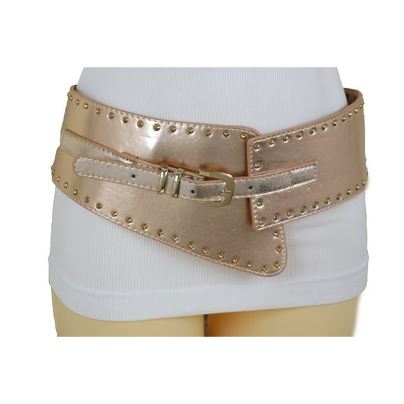 Women Wide Elastic Rose Gold Faux Leather Belt Metal Studs S M