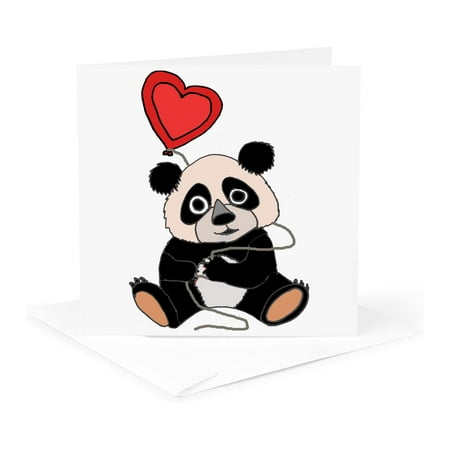 3dRose, Cute Funny Panda Bear with Heart Shaped Love Balloon Cartoon, 1 Greeting Card with envelope