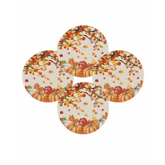 Fall Round Placemats Set of 4 Harvest Pumpkin Place Mats Thanksgiving Woven Placemat Orange Fallen Maple Leaves Linen Circle Braided Table Mat for Kitchen Dining Table Party Home Decor 15 Inch