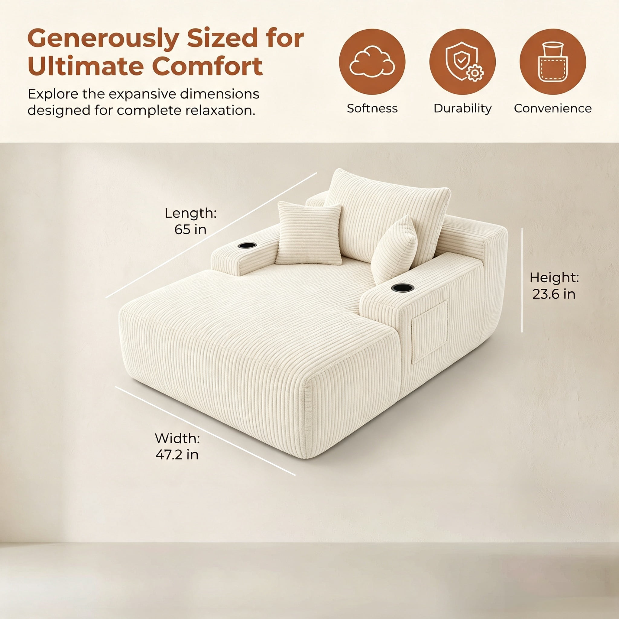 ShiKeyi 65'' Chaise Lounge Chair Indoor, Boneless Sofa Cloud, Plush Corduroy Chaise Couch with Cup Holders, Side Storage Pocket & Pillows, No Assembly Required, Beige