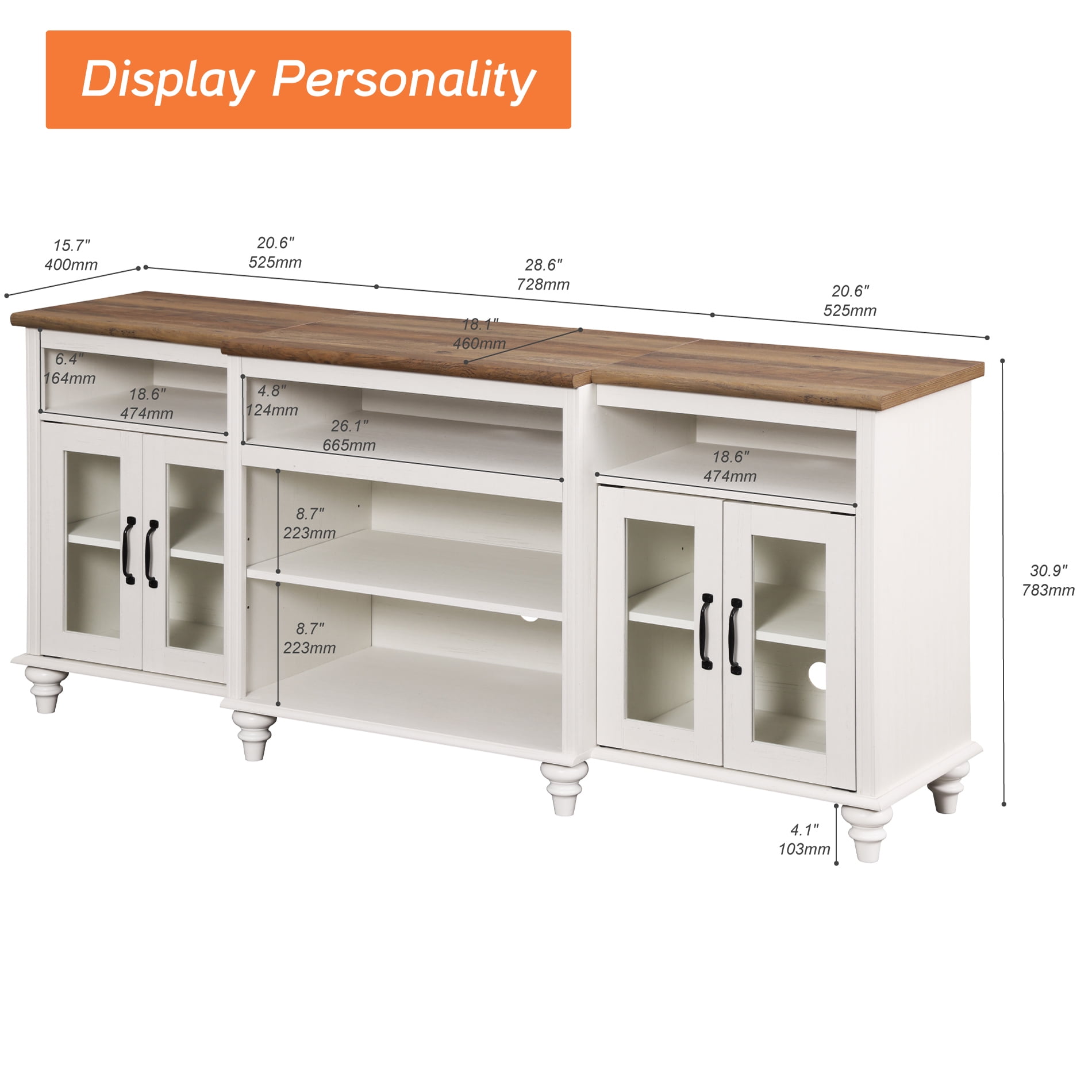 Antique White Farmhouse TV Stand with 4 Glass Doors for TVs up to 75", Highboy Entertainment Center with 9 Storage Compartments, 70" Wooden TV Console for Living Room or Bedroom