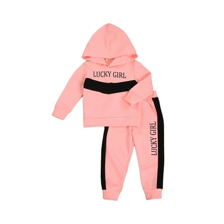 

Carolilly Children Two-piece Clothes Set Girls Pink Letter Printed Pattern Round Collar Hooded Pullover and Long Pants
