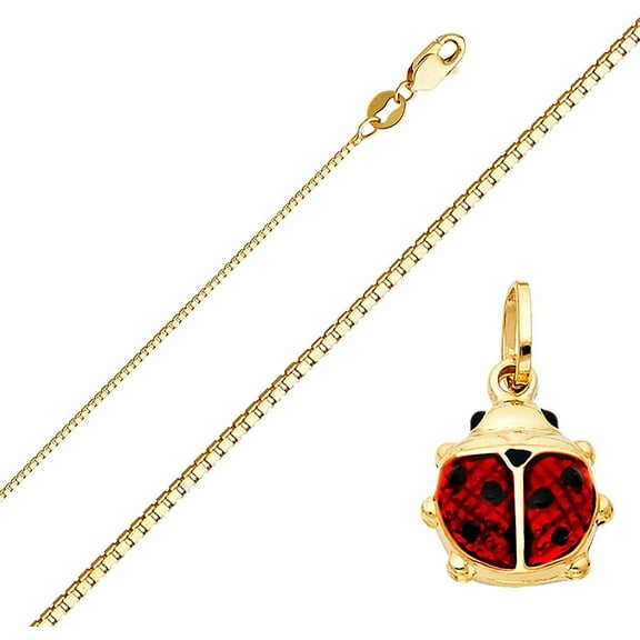 Solid 14K Gold Box Chain Lady Bug Enamel Pendant Necklace - Choose Length 16" to 24" (0.8 mm, 18.0 Inches)