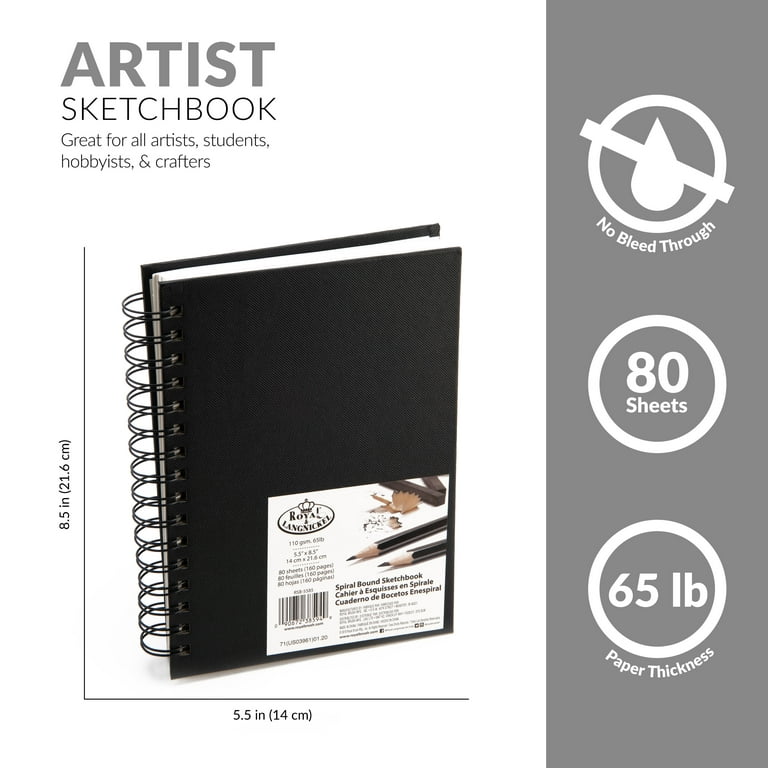 Royal & Langnickel Essentials - 3 Pack 5.5 inch x 8.5 inch Spiralbound Drawing Sketch Book - 80 Sheets, 65 lb. Paper, Size: 5.5 x 8.5, Black