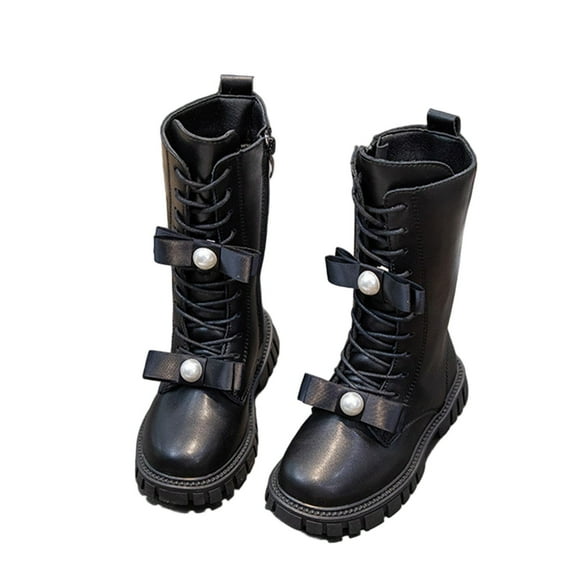 Cethrio Little Girls Riding Boots Size 12(Little Kids), Lace-Up Waterproof Non-slip Knee Boots Winter Shoes Black