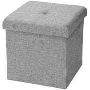 15" Folding Storage Ottoman Square Foot Rest Stool Bench Seat, Poly Linen Organizer,Grey