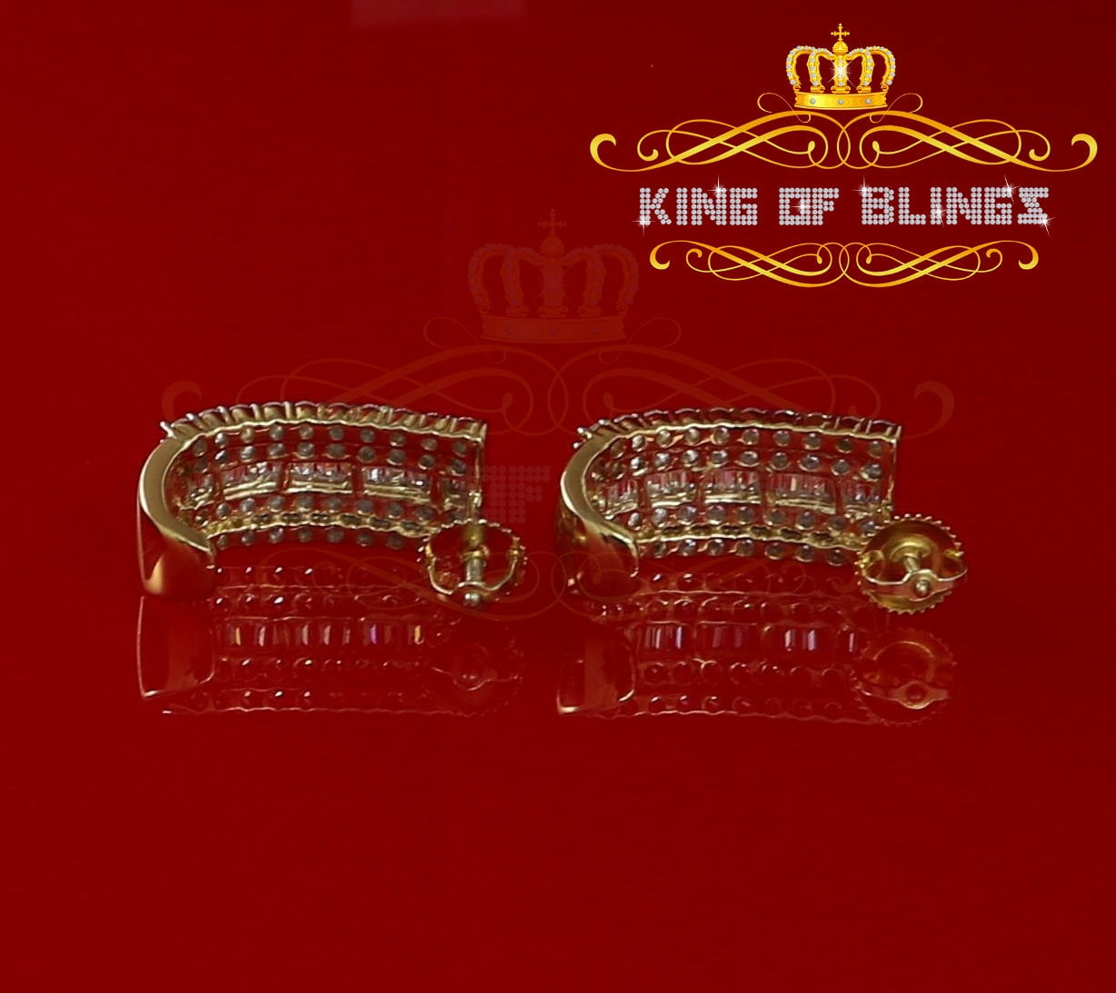 King of Bling's 925 Yellow Silver Stud 5.48ct Cubic Zirconia Baguette Screw Back Women's Earring