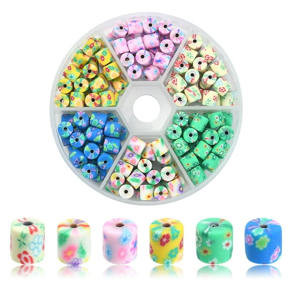 150pcs 6 colors Handmade Polymer Clay Beads Column with Flower Mixed color 6x5mm Hole: 1mm 25pcs/color