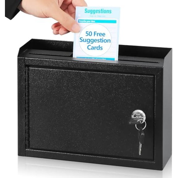 Suggestion Box with Lock and Slot, Small Locking Mailbox for Office, Wall Mount Safe Money/Key Drop Box with 50 Free Suggestion Cards, 9.8" W x 3" D x 7" H, Black
