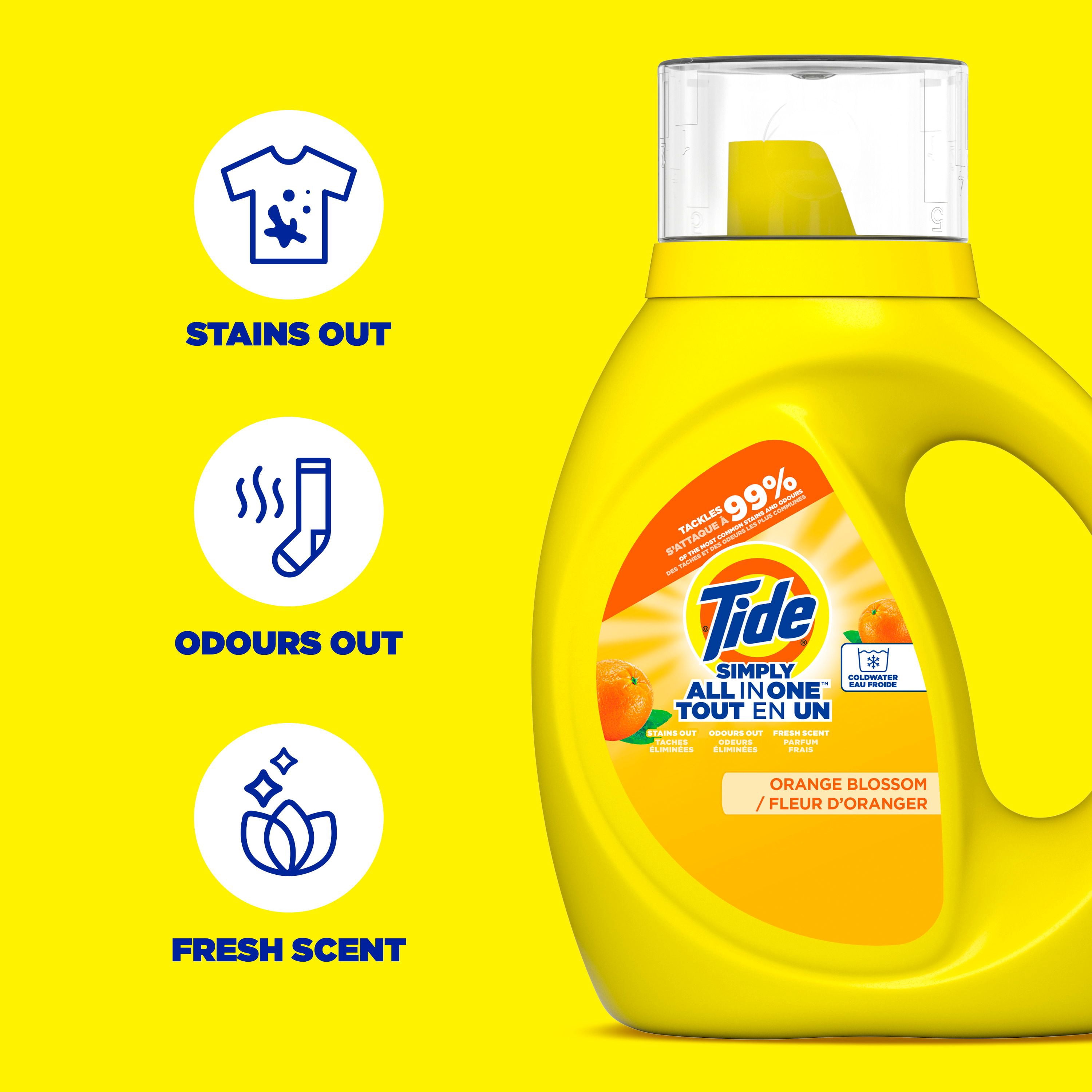 Détergent à lessive liquide Tide Simply Tout-en-un, parfum Fleur d’oranger, 24 brassées