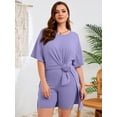 thumbnail image 3 of SHOWMALL Women's Plus Size 2 Piece Outfit Sets, Purple Gray 3X Short Sleeve Side Split Tunic Tops and Biker Shorts Sets, Summer Soft Loungewear, 3 of 8