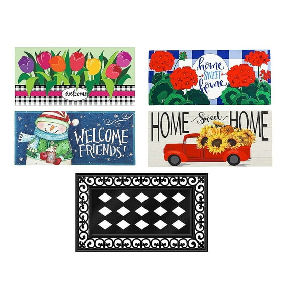 Evergreen Indoor Outdoor Doormat Bundle Set of 5 - Frame and 4 Welcome Seasonal Inserts Floral Red Truck Snowman