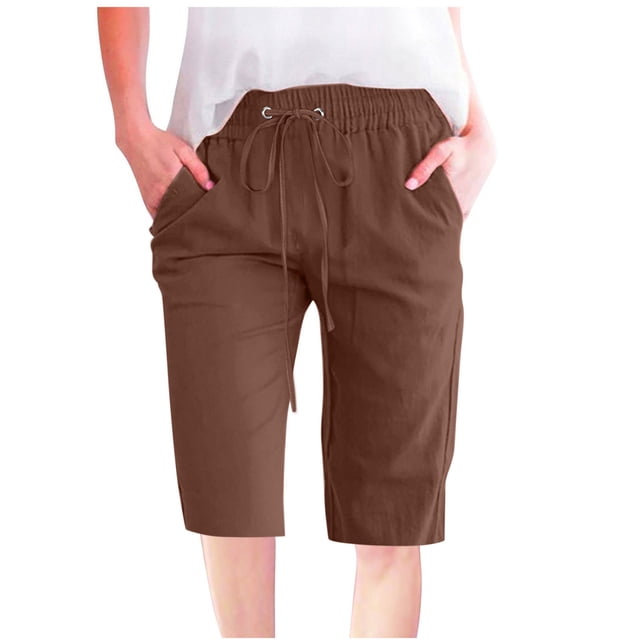 Timegard Womens Plus Size Shorts Elastic Waisted Drawstring Lightweight Casual Knee Length Shorts with Pockets