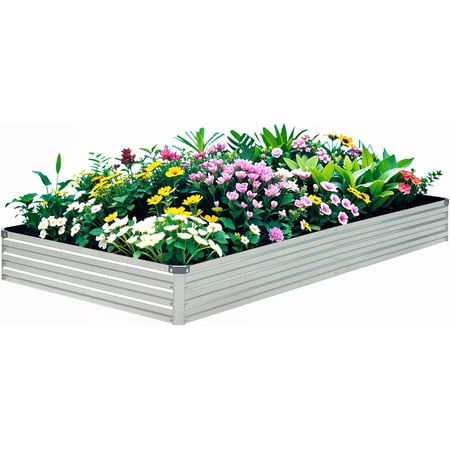 Galvanized Raised Garden Bed - Outdoor Metal Planter Box for Gardening Vegetables and Flowers - Large 8x4x1ft Raised Bed with 2 Compost Bags in Stylish Silver