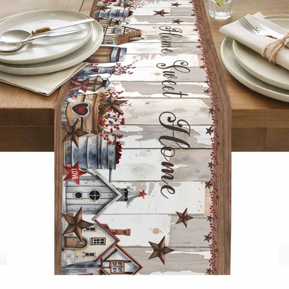 Farmhouse Table Runner - 70 Inch Long, Kitchen Dining Table Runner Dresser Scarves, Retro Country Star Berry Vintage Wood Grain Farmhouse Decor for Coffee Tables Wedding Party Banquet