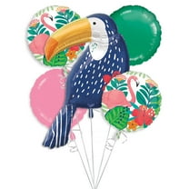 Anagram Tropical Jungle Toucan Bouquet Summer 5pc Foil Balloon Pack, Blue Pink Green