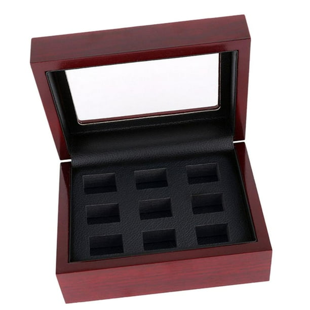 Caja de dos tipos para anillos rojos, estuche para anillos de campeonato, joyas, pendientes y pastillas. 9 hoyos