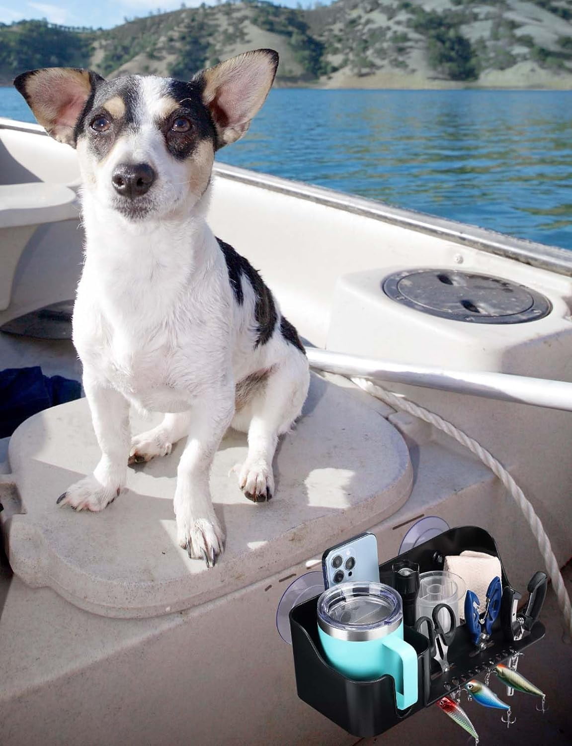 KEMIMOTO Boat Caddy Organizer, Boat Cup Holder Installed with Screws/Suction Cups On Any Flat Surface, Boat Storage Organizer, Cockpit Storage Box for Bass Boat Kayak Pontoon Jon Boat