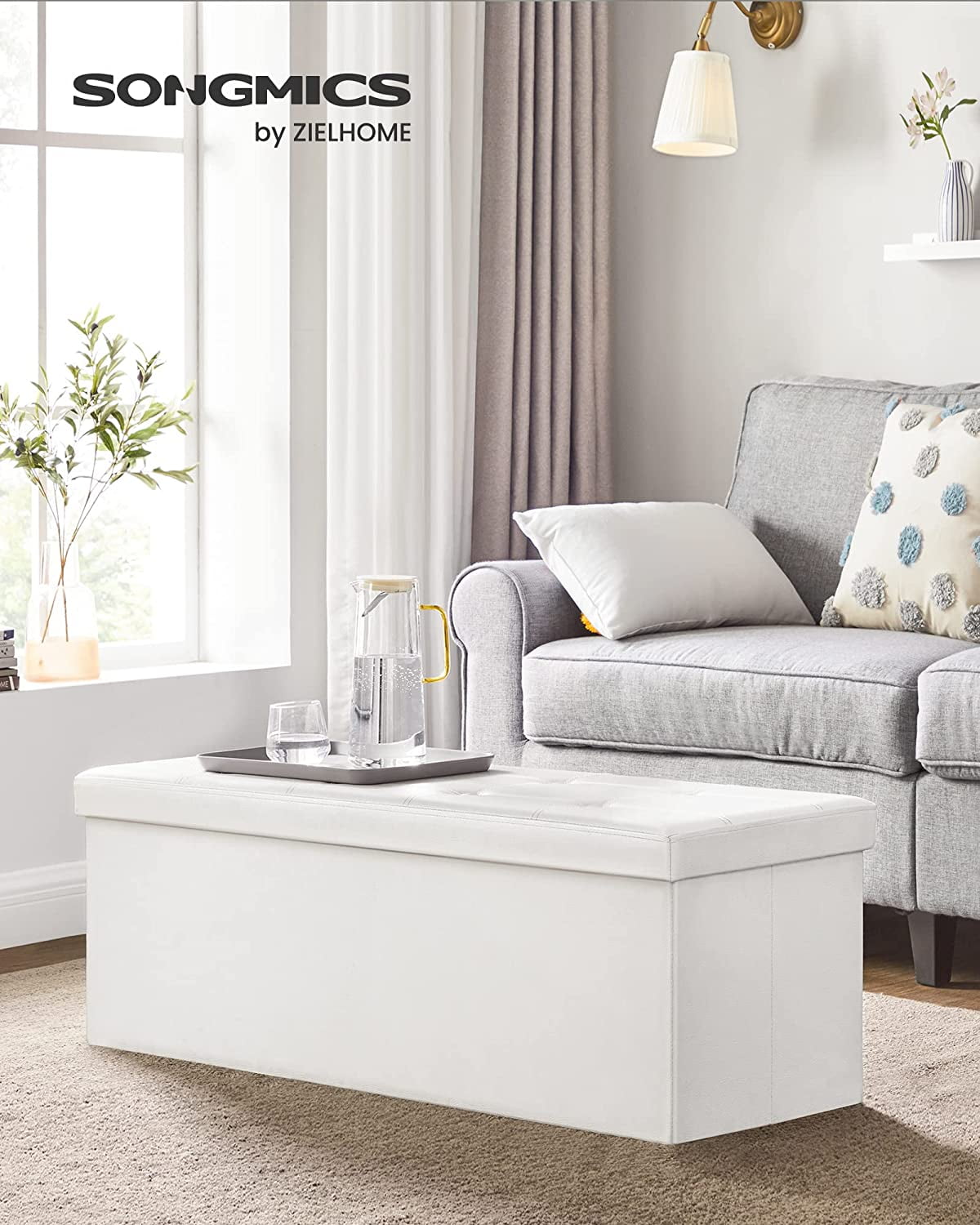 SONGMICS 43" Storage Ottoman Bench Leather Ottoman with Storage Hold up to 660lb Folding Footstools for Bedroom Living Room White