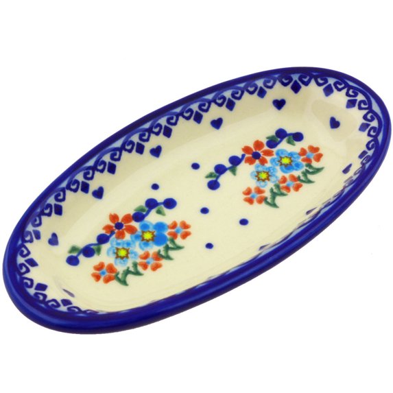 Polish Pottery 7¼-inch Condiment Dish (Hearts And Flowers Theme) Hand Painted in Boleslawiec, Poland + Certificate of Authenticity