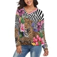 thumbnail image 3 of Leopard Zebra Flowers Vibrant Jungle V-neck Sweater Winter Clothes Long Sleeve Knitwear Sweater Women's Pullover, 3 of 5