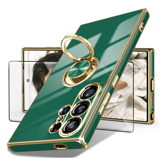 Dteck for Samsung Galaxy S24 Ultra Case with Screen Protector, Built-in 360° Rotation Ring Holder Magnetic Stand, Luxury Shiny Plating Edge Shockproof Electroplated Protective Cover,Green